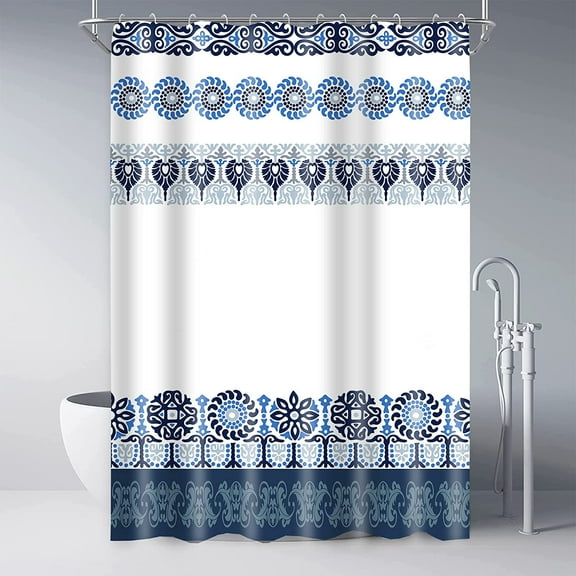 Extra Long 72"x84" Blue White Farm Tribal Shower Curtain Set with Plastic Hooks Machine Washable Waterproof Polyester Fabric Bathroom Curtain Modern Boho Bath Curtain for Bathroom Decor