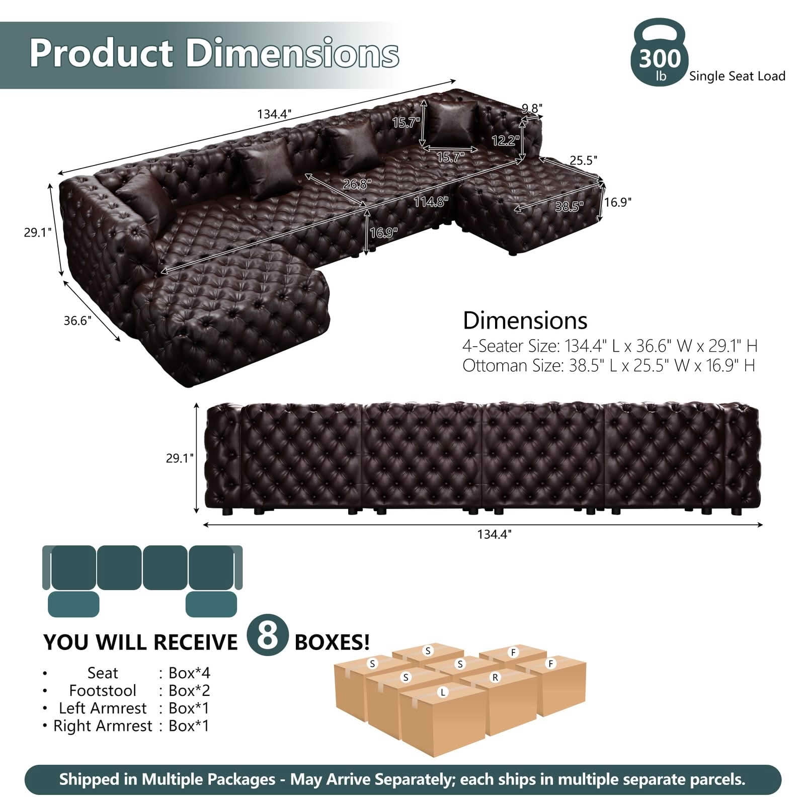 MAYEERTY 134.4" 4‑Seat Faux‑Leather Modular Sofa Set, Handcrafted Button Tufted Couch with 2 Ottomans & 4 Pillows for Living Room & Small Apartment