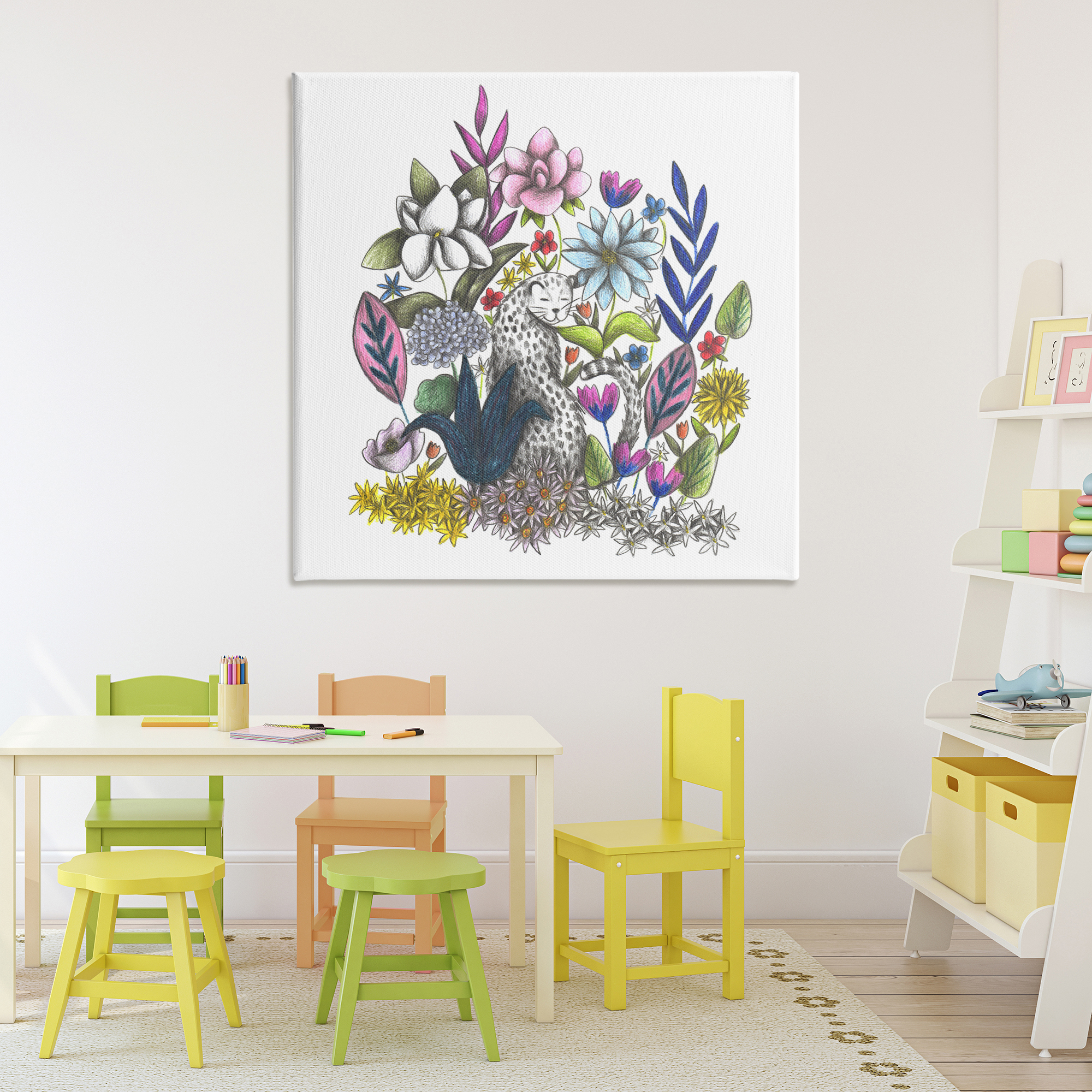 Leopard in Midst of Flowers Canvas Wall Art, design by Cecilia Battaini