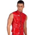 thumbnail image 3 of TiaoBug Men's Wet Look Tank Tops Zipper Sleeveless Vest Faux Leather Stand Collar Jacket Clubwear Red L, 3 of 7