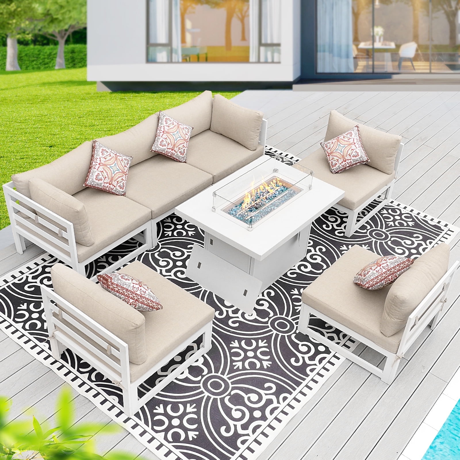 RADIATA 7 Pieces Aluminum Outdoor Patio Sectional Furniture Sofa Set with Fire Pit Table Large Size Luxury Comfortable Durable Water/UV-Resistant for Garden Porch Backyard Party (Beige Cushion)