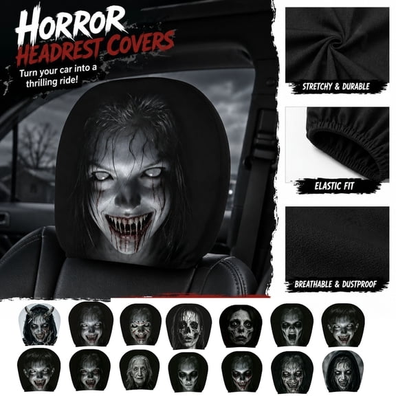 2Pcs Auto Vehicle Truck SUV Stretchable Headrest Covers with Scary Face Design for Front and Rear Seats Protective Interior Accessories Halloween Decorations