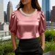 thumbnail image 1 of TaTaai Summer Fashion Solid Women's Round Neck Short Sleeve Top, Pearl Embellished Professional Style, Soft Lightweight for Office Daily Party Wear Gift, 1 of 5