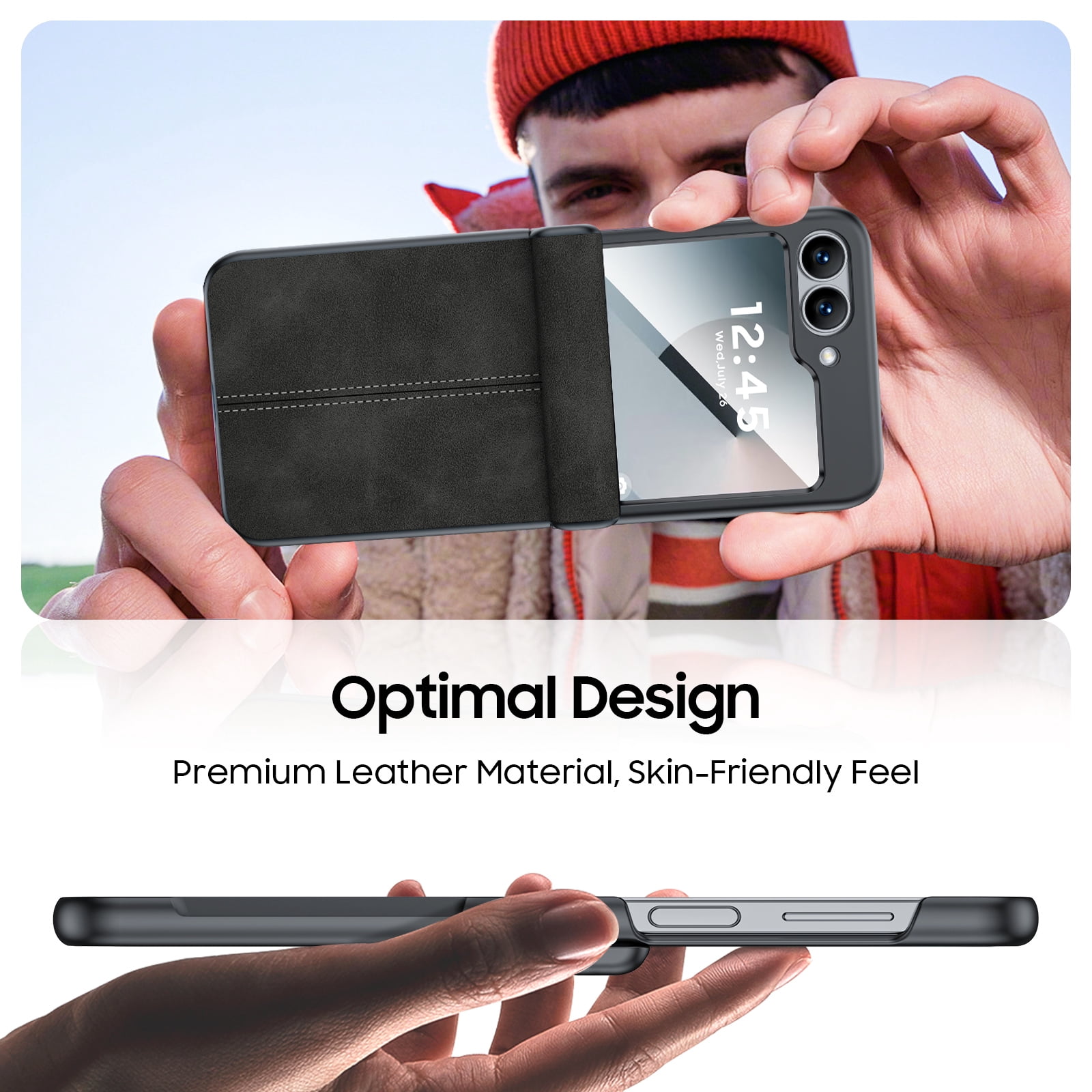 Oupeigar for Samsung Galaxy Z Flip 6/7FE Phone Case With Hinge Protection & Screen Protection,Ultra Thin Leather Shockproof Cover Case-Black
