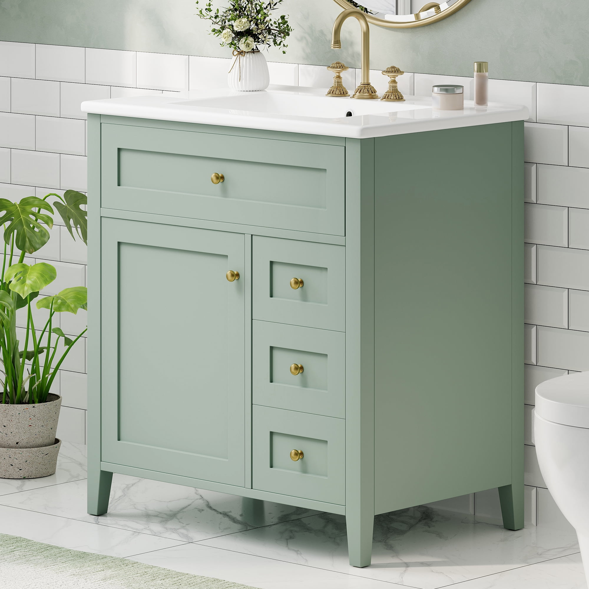 Anpport 30" Freestanding Bathroom Vanity with Sink, Modern MDF & Rubberwood Cabinet, 3 Drawers, Adjustable Shelf & Left‑Side Door, Light Green