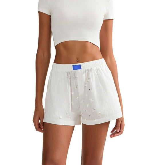Rdhnmea Womens Eyelet Embroidered Shorts Elastic Waistband Short Pants