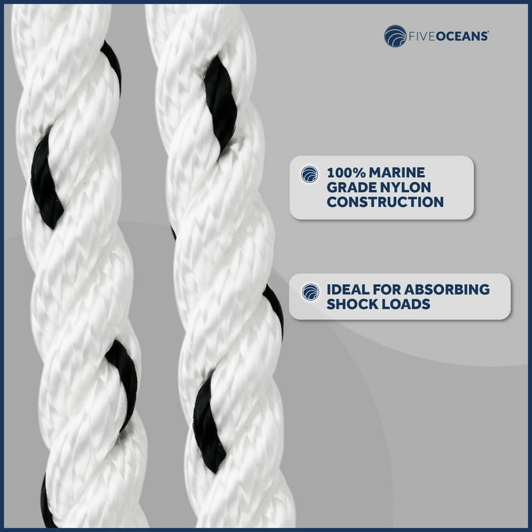 Five Oceans Boat Anchor Rope 1/2 inch x 150 ft - Marine Premium 3-Strand White Nylon - Ideal for Mooring Anchoring Windlasses Towing - FO4486-M150