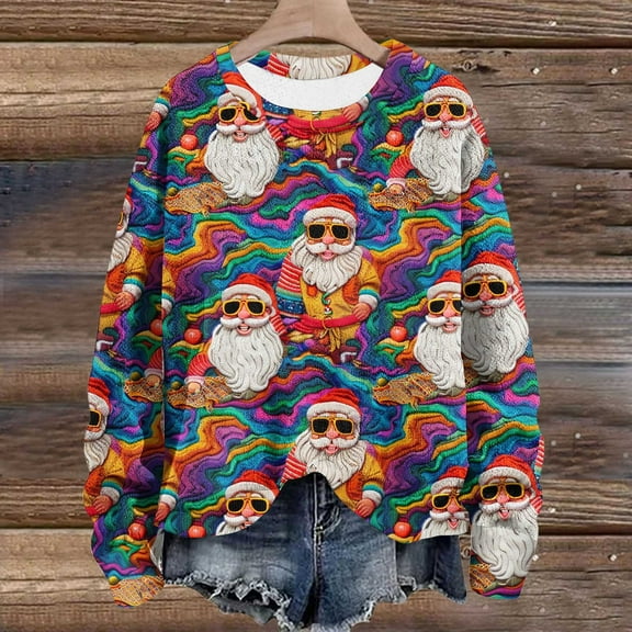 WXLWZYWL Womens Christmas Sweatshirts Cute Xmas Ugly 3D Graphic Print Sweaters Oversized Long Sleeve Round Neck Pullover Tops