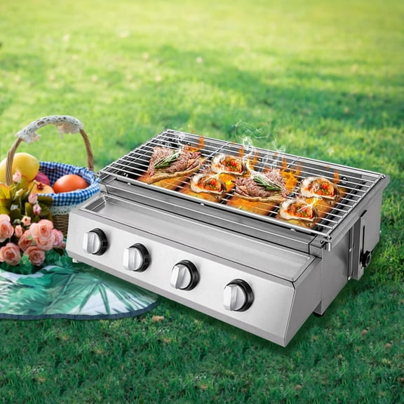 4-Burner Tabletop Gas Grill Commercial Smokeless Grill Stainless Steel Gas Grills Countertop Portable Outdoor Indoor BBQ Grill for Patio Garden Party Barbecue, Silver