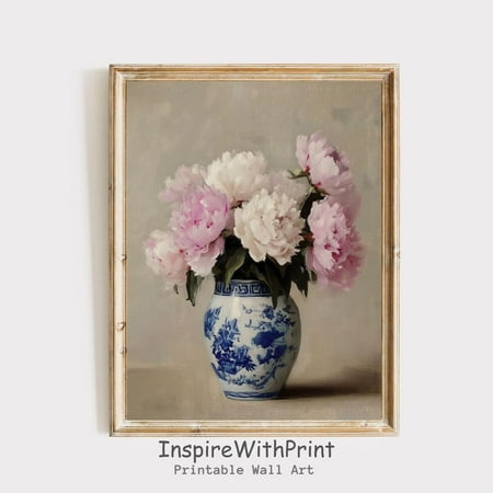 Peonies Flower Bouquet in Blue and White Chinoiserie Vase Print, Vintage Flower Vase Printable, Pink peonies Wall Art, Chinoiserie, Size 8x12 UNFFRAMED F03.1.5l1713