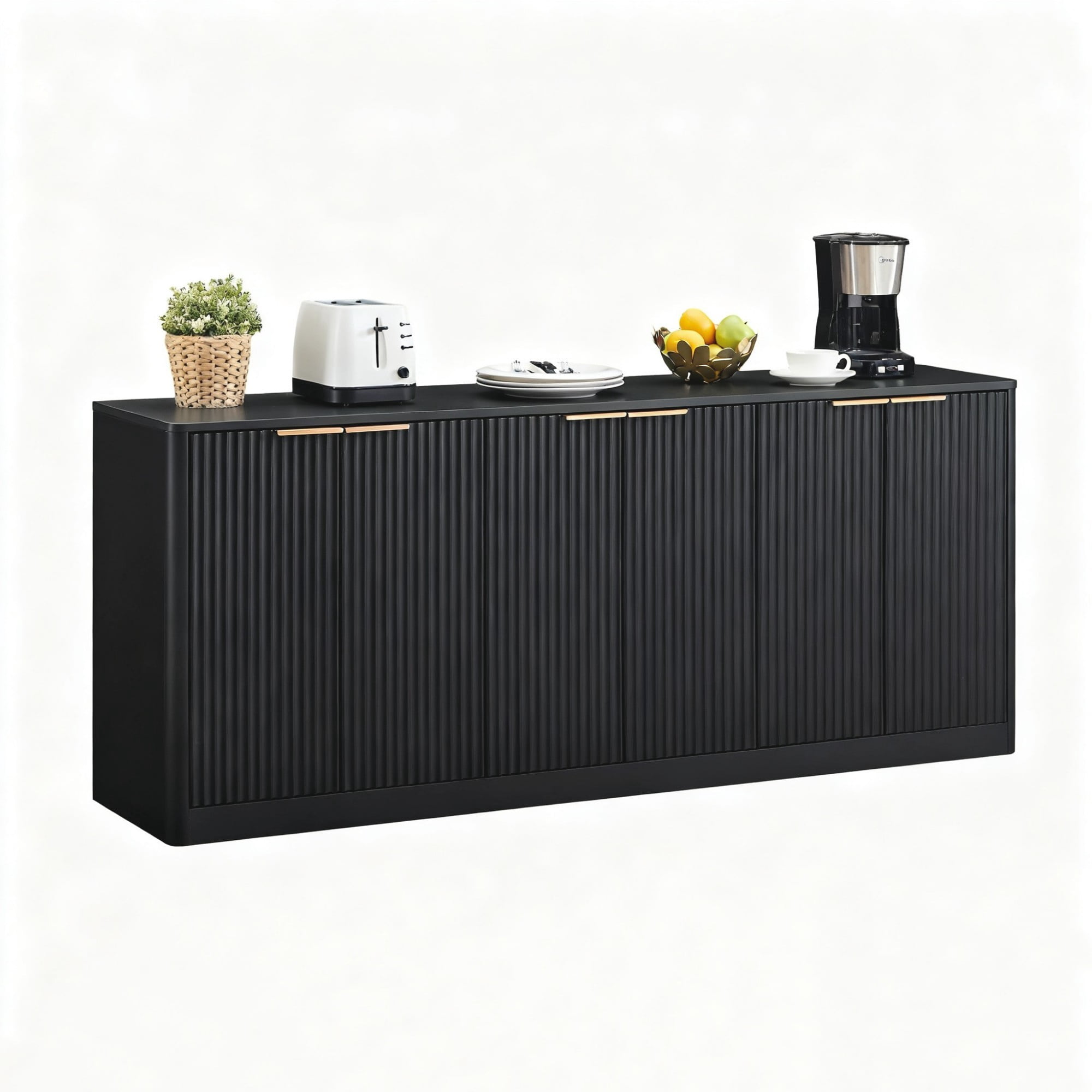 67" Modern Wavy Sideboard Cabinet, 6-Door Curved Storage Cabinet, Large TV Stand Buffet Console for Living Room Kitchen, Black