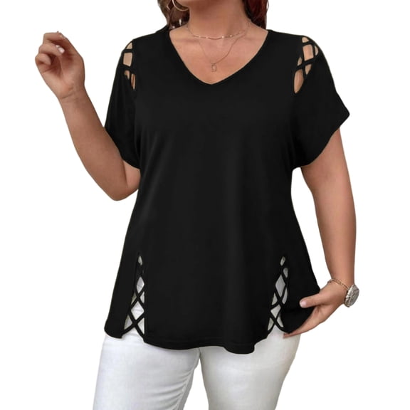 CIENVNSTG Women's Short Sleeve V Neck Top 2026 Spring Summer Style with Lattice Cutout on Sleeves and Hem Dressy Loose Fit Casual Tunic Blouse for Daily Trendy Beach Vacation Outfits Black XL