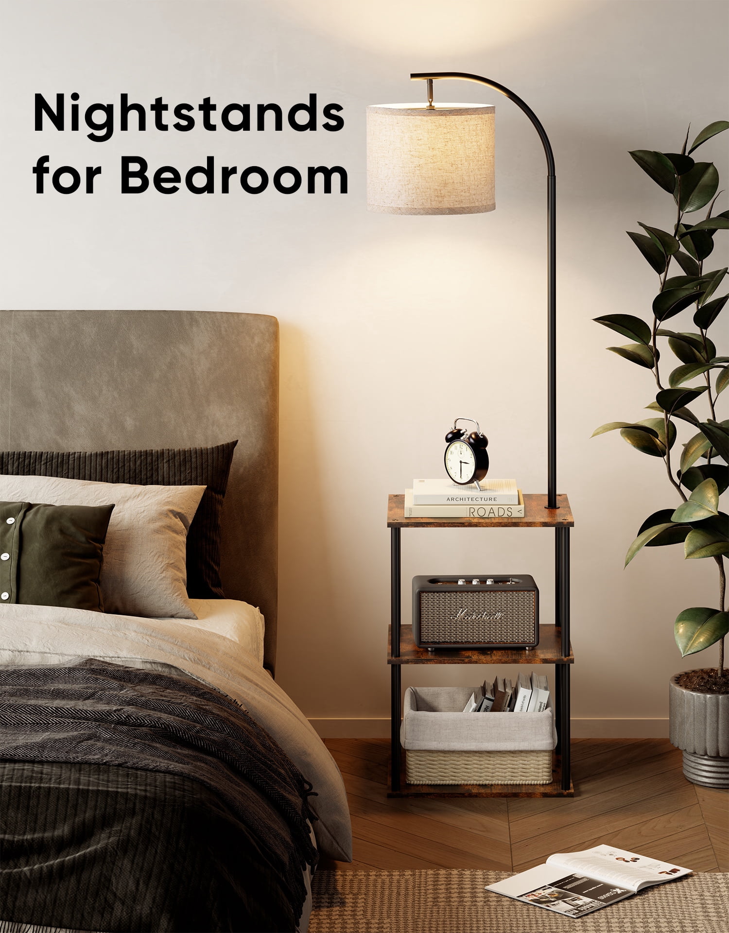 Floor Lamp with Table, Night Stand with Lamp with 3CCT LED Bulb, End Table with Storage Shelves for Home Décor, Rustic Brown