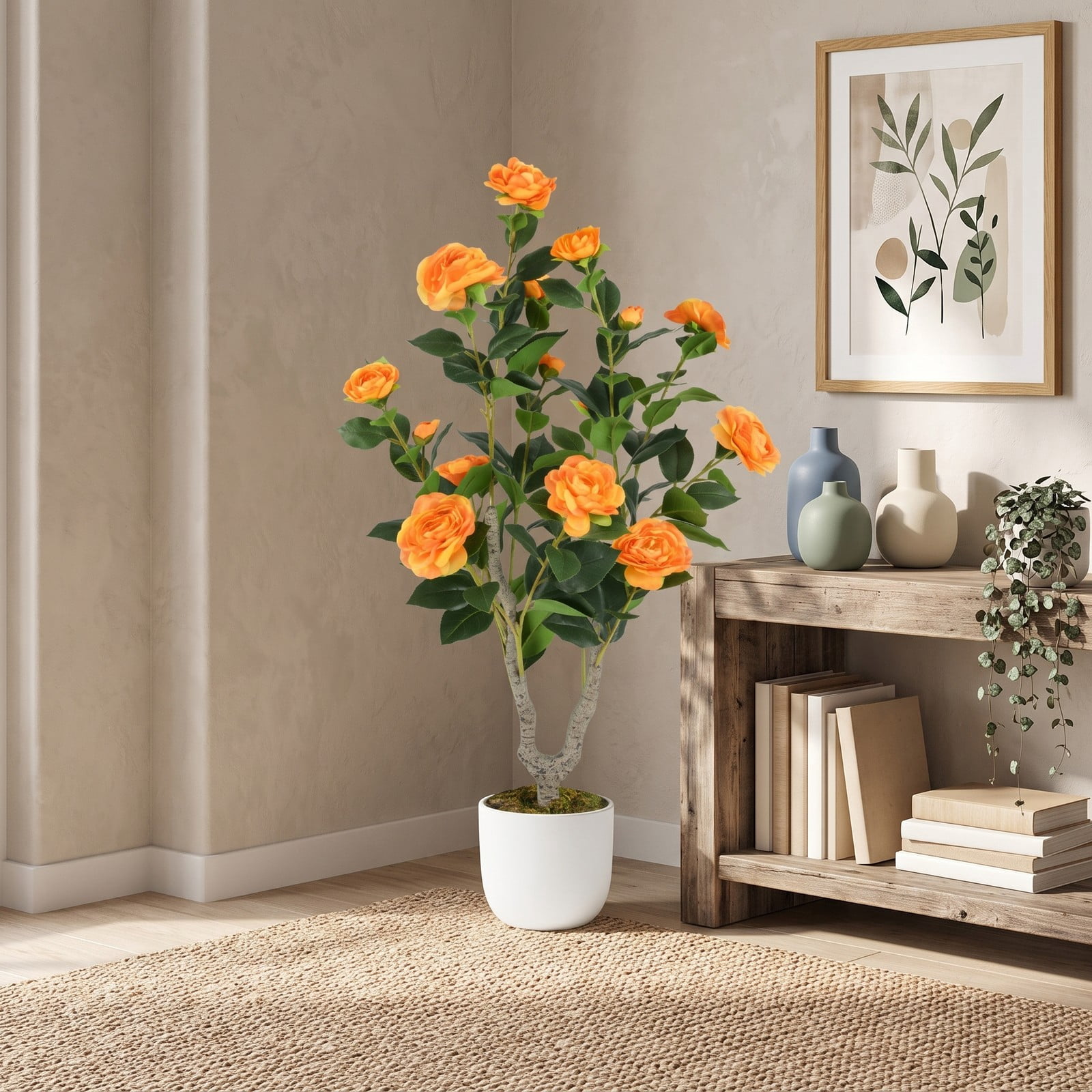 ALPULON 36 Inch Artificial Camellia Tree with Blooming Flowers, Set of 2 Faux Potted Camellia Plants with Cement-Filled Pots for Home Office Wedding Front Door, Orange