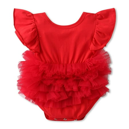 

Baby Girl Ruffle Lace Romper Sleeveless Backless Baby Rompers Phrompers-Red-3/6M