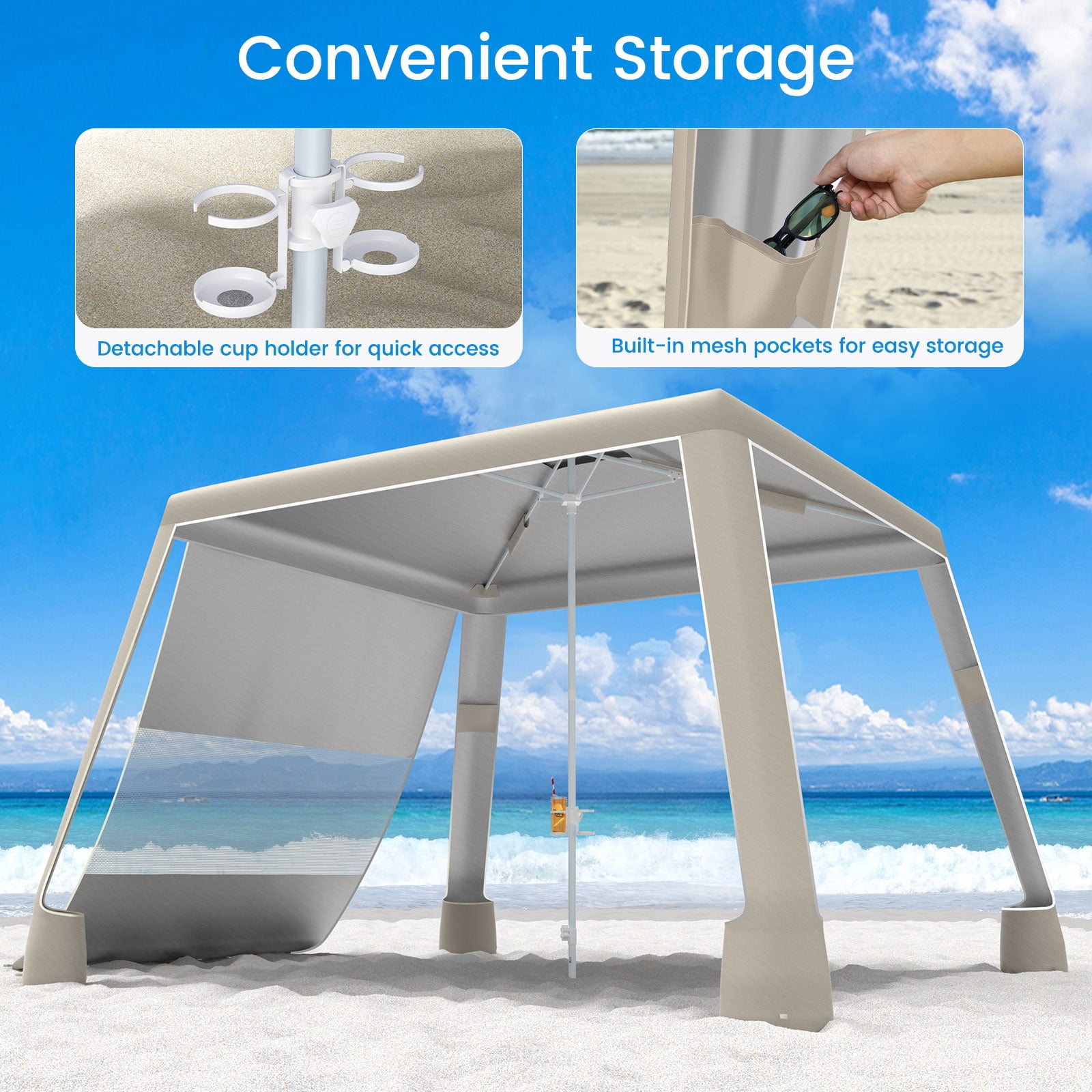 MoKo 8'x 8' Beach Cabana Tent, UPF 50+ Portable Beach Canopy Shelter with 4 Sand Pockets, Khaki