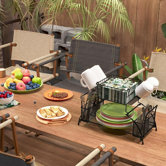 2 Tier Buffet Caddy with Mug Holder for Plates, Utensils, Napkins - Black Kitchen Organizer