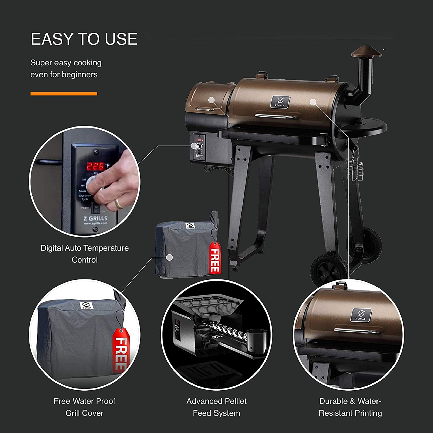 Z GRILLS ZPG-450A 2020 Upgrade Wood Pellet Grill & Smoker 6 in 1 BBQ Grill Auto Temperature Control, 450 sq in, Bronze - image 4 of 7