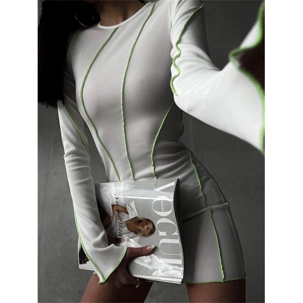 Nsauye Sexy Club Ribber Knitted Y2K Mini Bodycon Party Women Dress Autumn Striped O Neck Long Sleeve Fashion Dress 2022M Gao Jinjia LED
