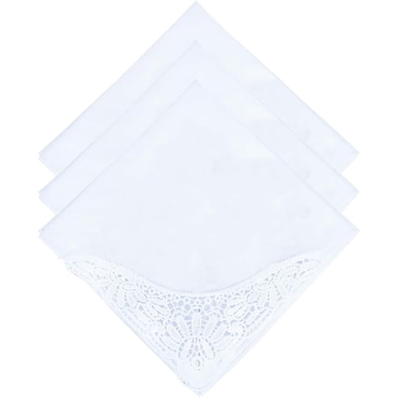 3Pcs White Lace Hankies Cotton Pocket Handkerchief 13.8 Inch Square Hollow Flower Elegant Embroidery Pure Color Soft Fabric Bride