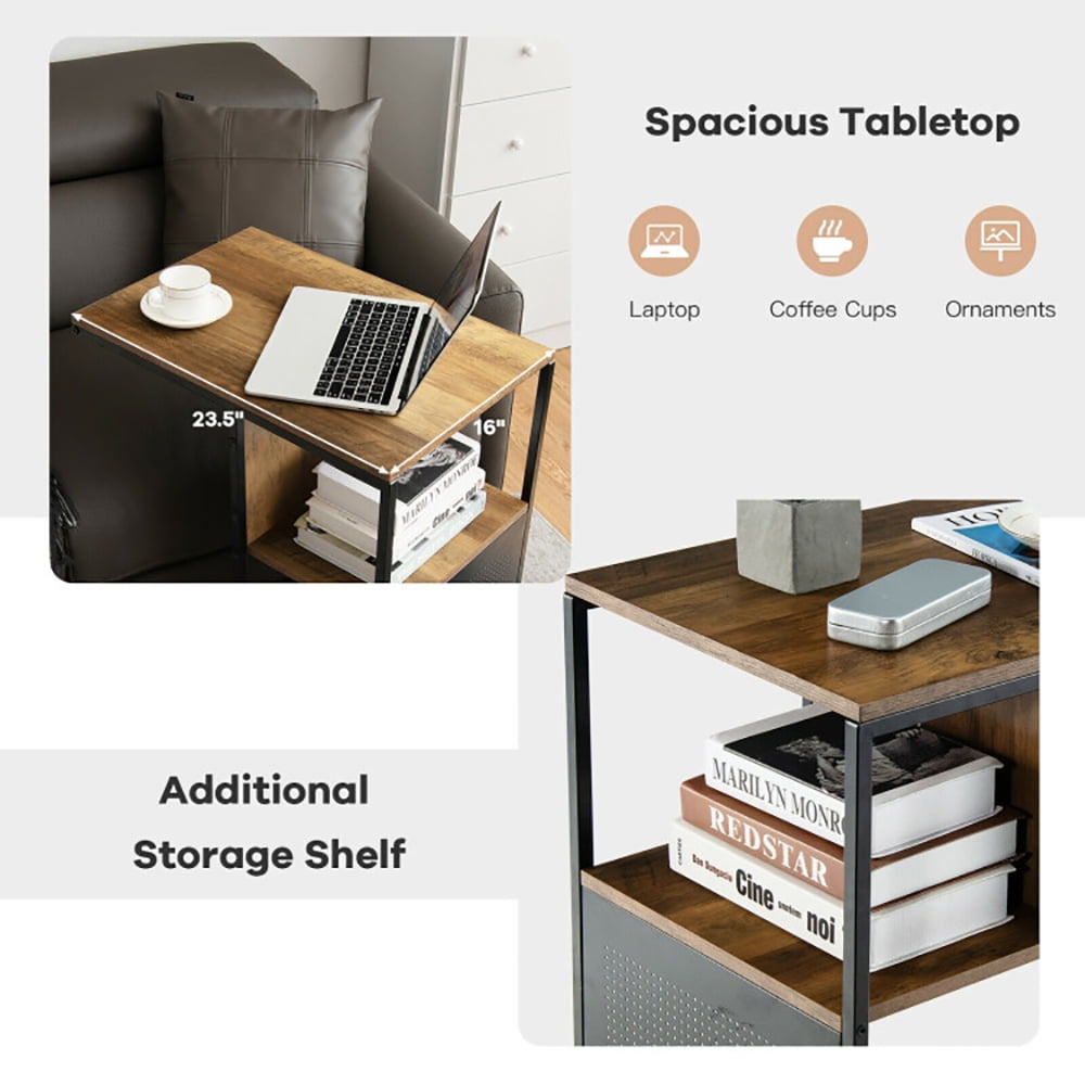 Finihen End Side Table, 2-Tier C-Shaped Reversible End Table with Wooden Shelf, for Living Room, Bedroom, Brown Finihen End Side Table, 2-Tier C-Shaped Reversible End Table with Wooden Shelf, for Living Room, Bedroom, Brown