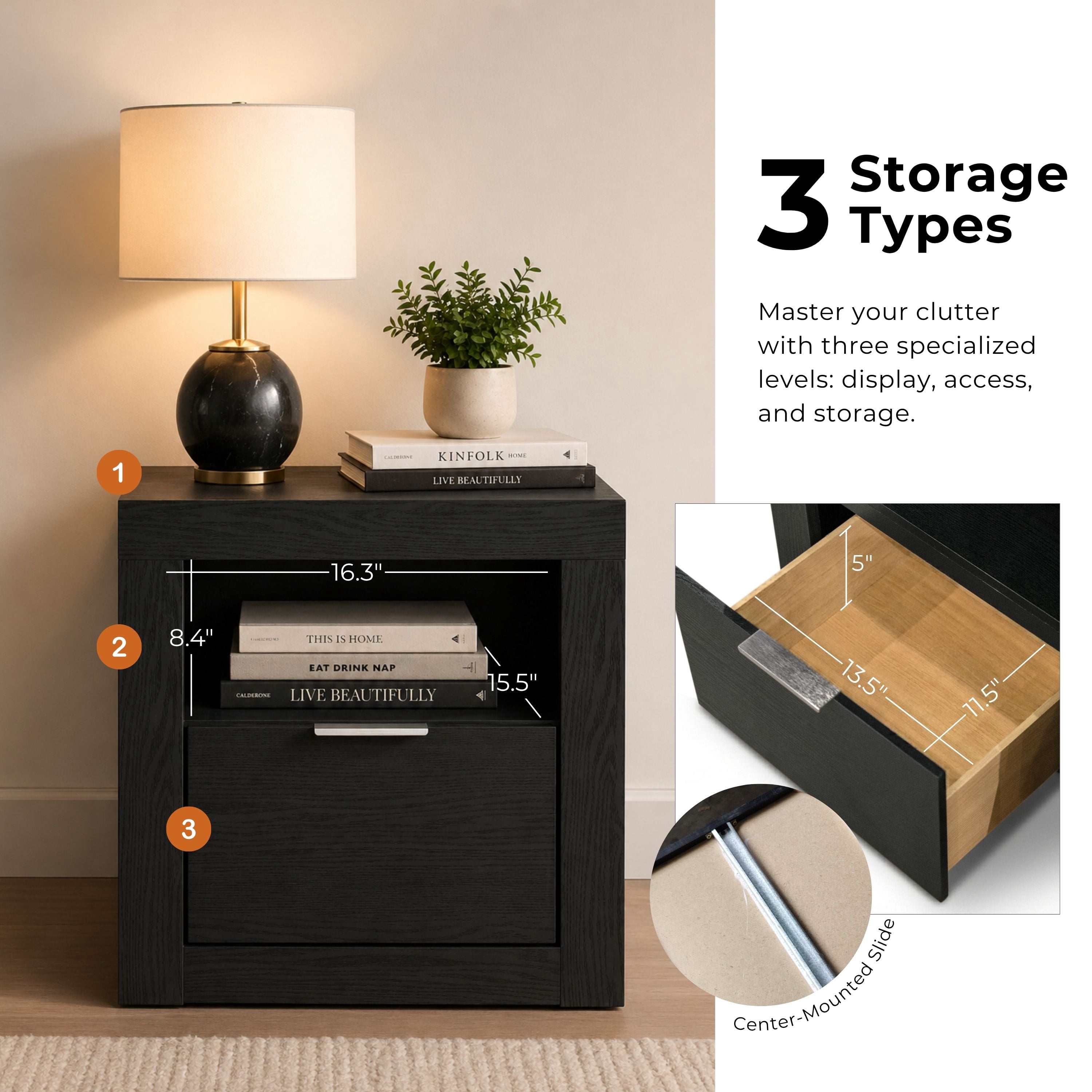 Furniture of America Talia Modern Solid Wood 1-Drawer Nightstand with Open Shelf, Black