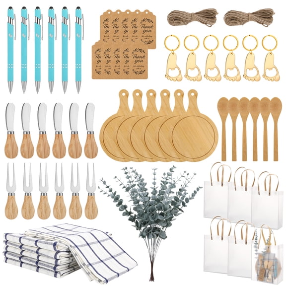sixwipe 80 PCS Baby Shower Prizes for Game Winners, 6 Set Gift Bags with Cheese Boards,Spoons,Plaid Towels,Eucalyptus Stems,Thank You Cards,Perfect for Bridal Shower,Wedding