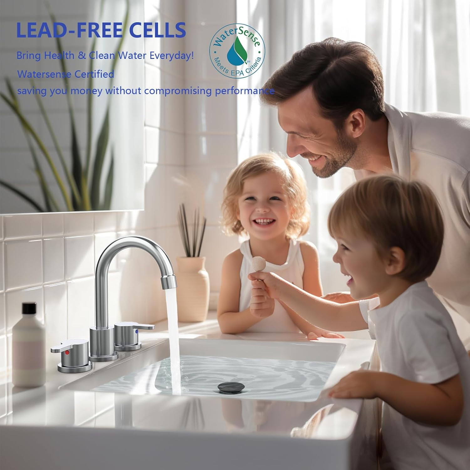 8 Inch Centerset Bathroom Faucet, Dual Handle 360° Swivel Spout, Lead-Free Ceramic Disc Valve, Water Saving 1.2GPM CEC Registered Vanity Faucet with Pop-Up Drain