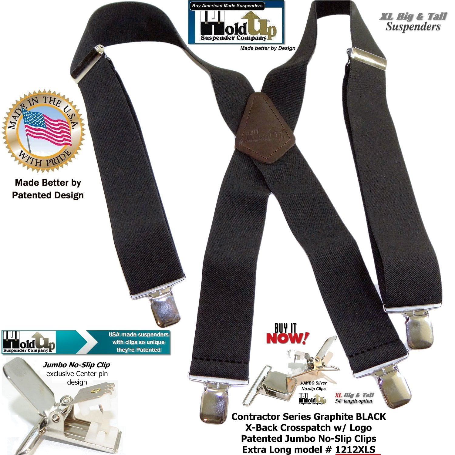 Holdup Suspender Wide XL Big and Tall Graphite Black Work Suspenders