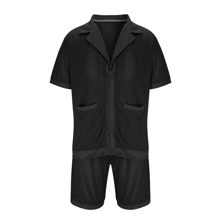 RYRJJ Men Summer Casual Short Sets Sheer Mesh Short Sleeve