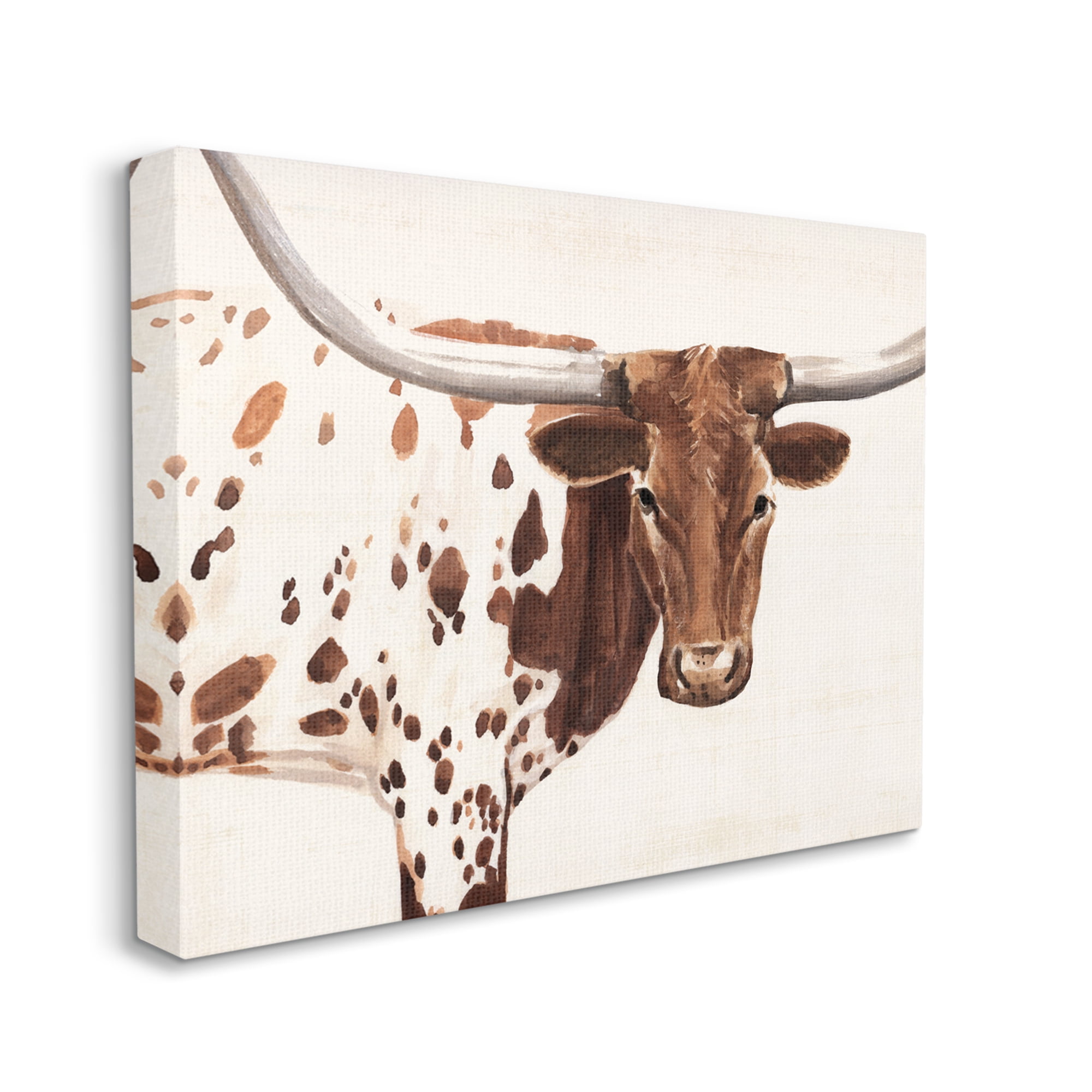 Country Brown Spotted Longhorn Cattle Portrait Animals & Insects Painting Gallery-Wrapped Canvas Print Wall Art