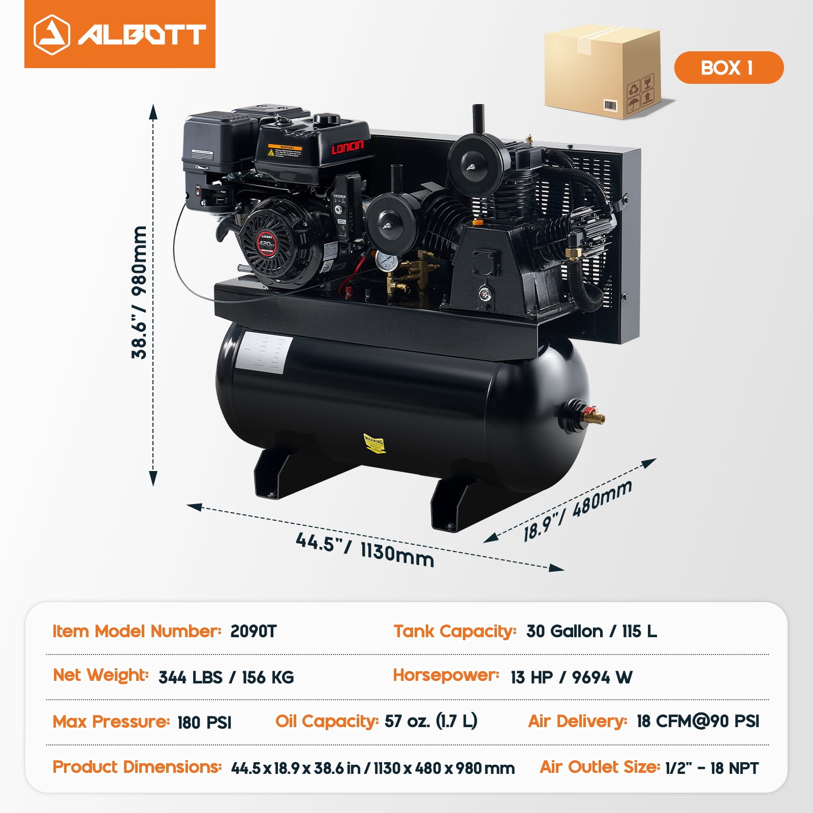 Jocisland 13HP Gas Powered Air Compressor, 30 gal 18CFM@Max180PSI, 420cc Loncin Engine Gasoline Driven Piston Pump for Workshop, Construction Sites