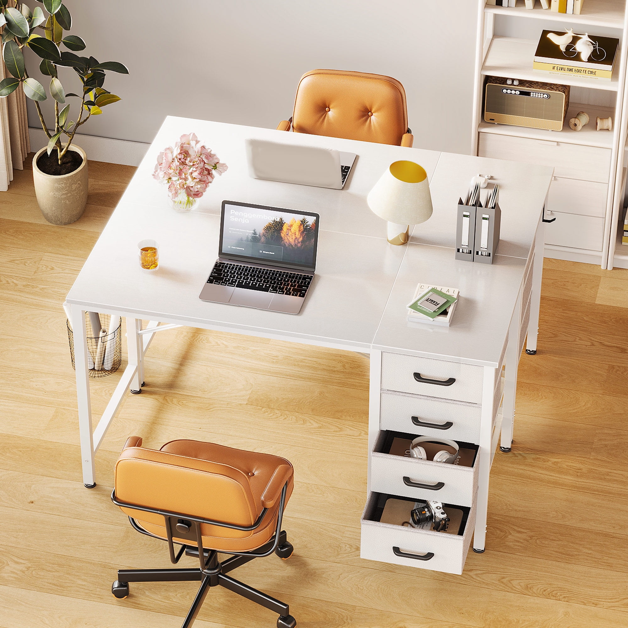Casacomoda  40 Inch Computer Desk with Drawers , Study Table for Student, Writing Desk for Home Office, Small Table with Drawers, White