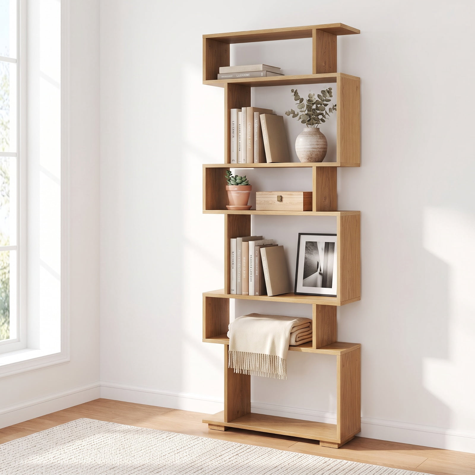 Furnibear 6-Tier Geometric Bookshelf with 2 Anti-Tipping Kits for Home Office for Living Room Home Office Bedroom Display Storage Shelf, Natural