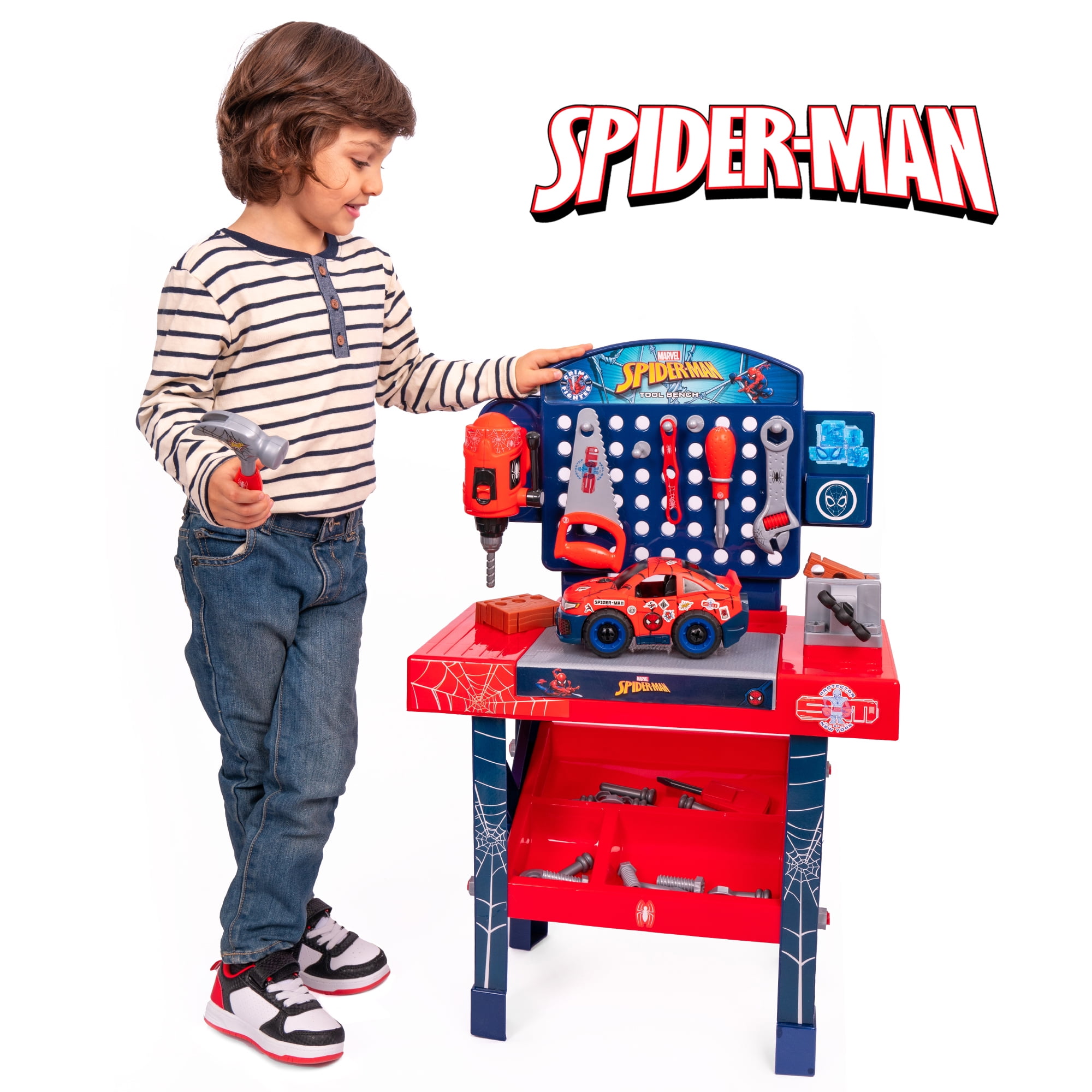 Marvel Spider-Man Tool Bench Playset with Take-Apart Car and 84 Accessories, Ages 3+