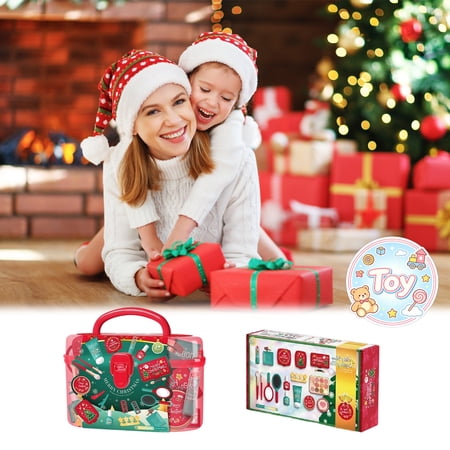 Christmas Themed Pretend Makeup Vanity Playset with Portable Storage Box Salon Pretend Play Toys Princess Styling Role Play Kit Holiday Birthday Gifts Toys for Toddler Baby Kids Girls Age 3+