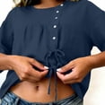 thumbnail image 6 of Mifsaly Vacation Tops for Women Button Down Short Sleeve Linen Shirts with Drawstring Hem Lightweight Flowy Loose Fit Textured Summer Boho Clothes Blue,L, 6 of 7