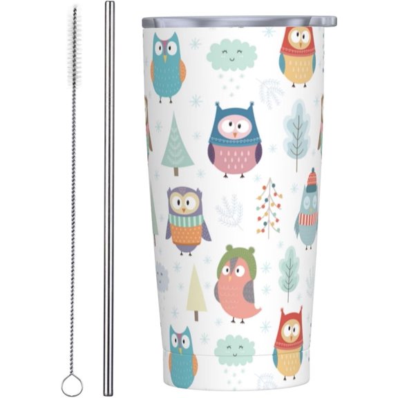Winter Owls Tumbler,Owls 20oz Stainless Steel Insulated Travel Tumbler,Travel Coffee Mug with Lid and Straw Water Bottle Drink Tumbler Cups Gifts for Women Men