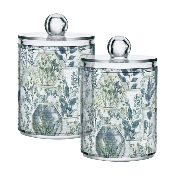 Hexagonal Botanical Tiles Cotton Swabs Cans Translucent Plastic Canisters Dustproof Lid for Bathroom Storage