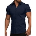 thumbnail image 3 of Men'S Muscle Fit Button Down Shirts Summer Casual Short Sleeve High Stretch Wrinkle-Free Shirt Navy Blue M, 3 of 10