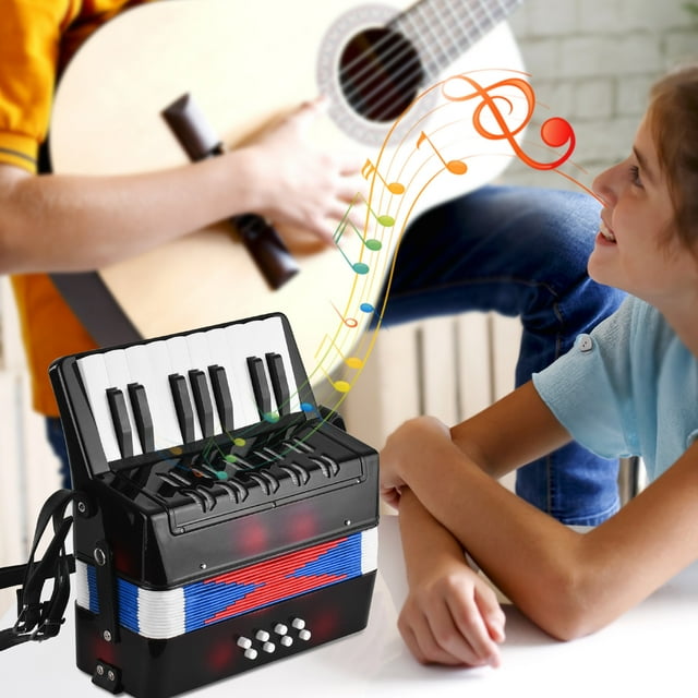 Jouet Accordéon Musical pour Enfants - 17 Touches, 8 Boutons de Basse, Sangle Réglable, Matériau ABS - Instrument de Musique Portable pour Développer le Rythme et le Talent (Noir)