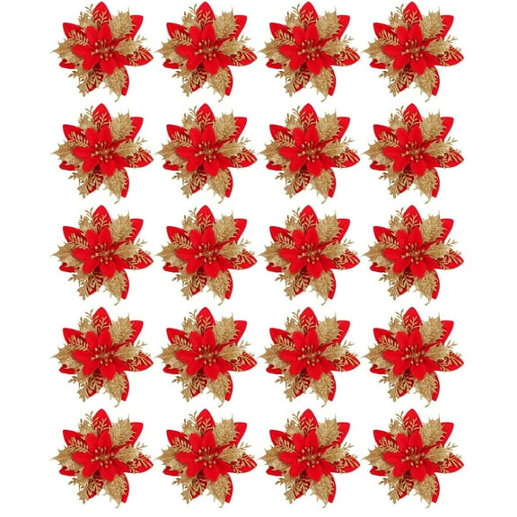 HCTSHG 20 Pcs Poinsettia Artificial Christmas Flowers 5.5" Glitter Poinsettias Christmas Decorations Tree Flower with Stems & Clips for Wreath Xmas Tree New Year Party Ornament Wedding