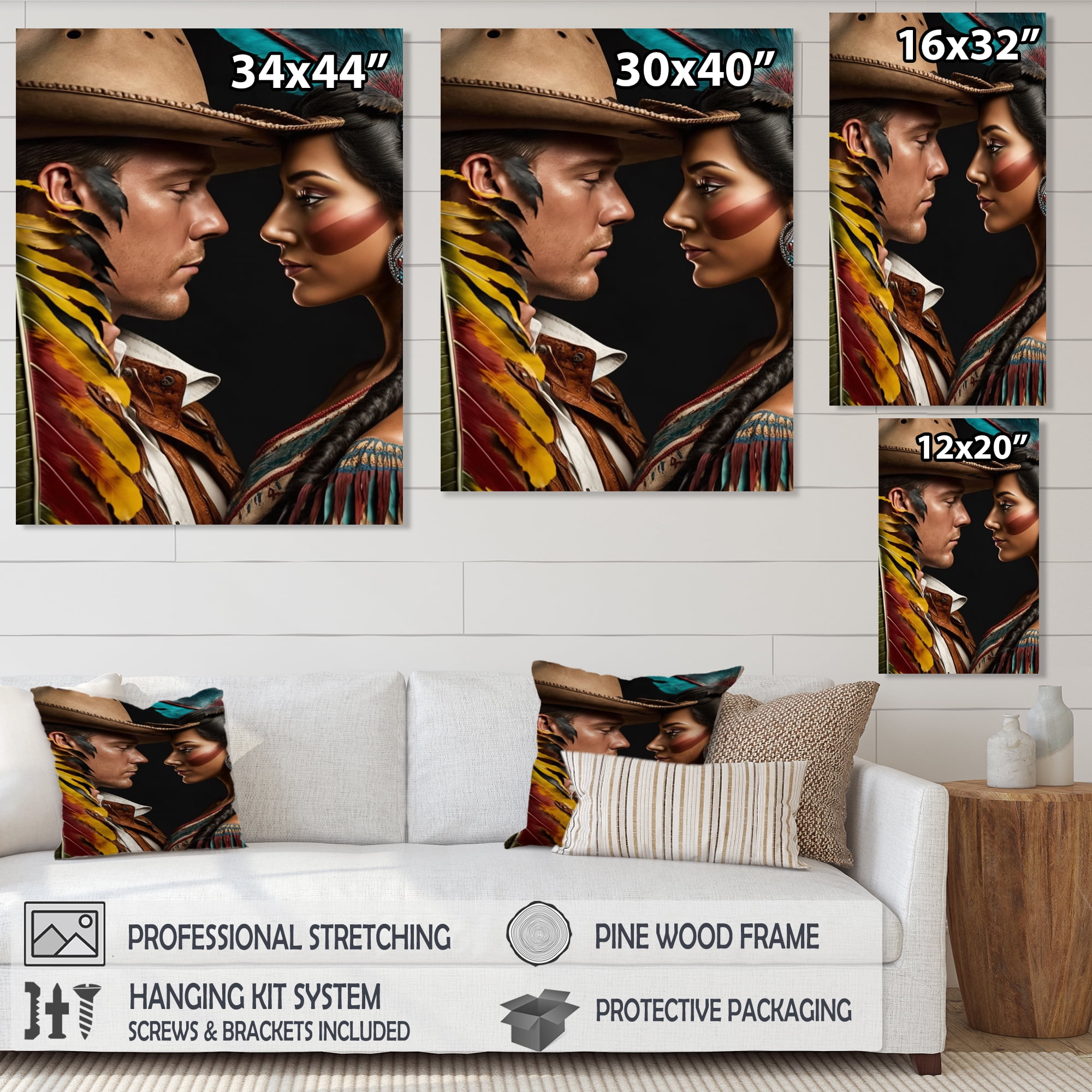 Designart Cowboy And An Indian Woman In Love IV Canvas Wall Art