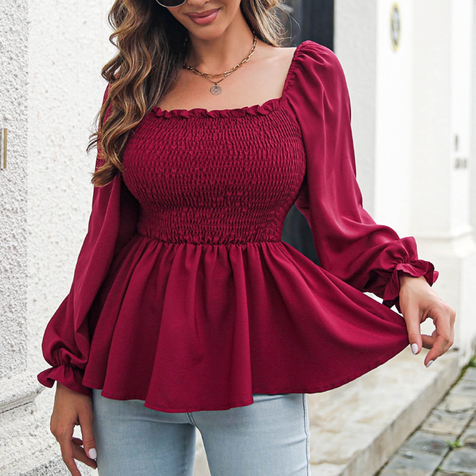 Womens Chiffon Smocked Peplum Tops Elegant Sexy Square Neck