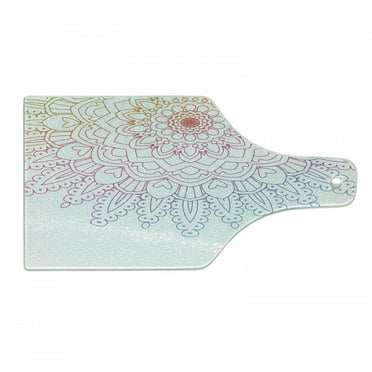 Rainbow Mandala Cutting Board, Outline Style Colorful Eastern Folklore Ombre Design Abstract Illustration, Tempered Glass Cutting and Serving Board, Wine Bottle Shape, Multicolor, by Ambesonne