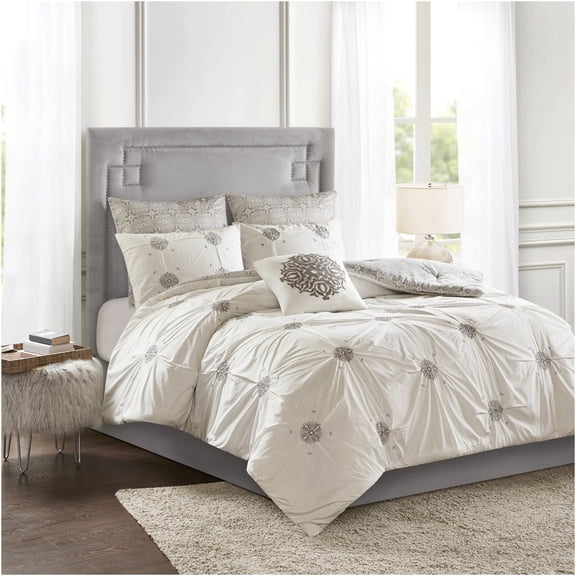 JERFIT 6-Piece Reversible Comforter Set King - Ivory Shabby Chic Bedding Set with Embroidered Medallion Design, Grey Print, Machine Washable
