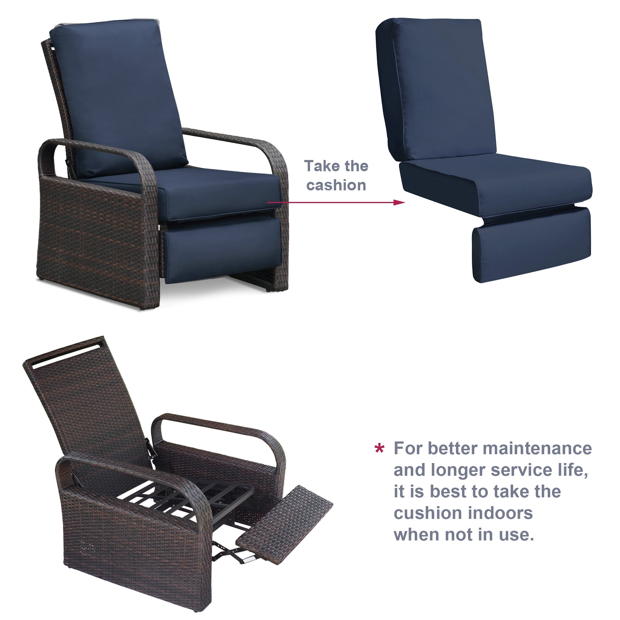 UMI Patio Outdoor Recliner Cushion Cover for Wicker Chair, Replacement Patio Seat & Back Cover, Waterproof & Removable, 27.6" x 23" x 26.7", Navy
