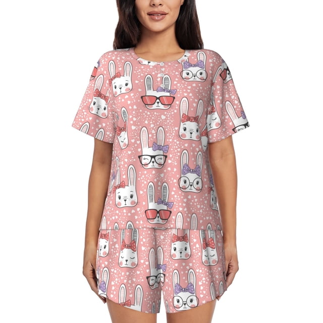 Balery Girl Rabbit Conjunto de Pijama para Mujer con Estampado, Dos Piezas de Manga Corta y Shorts, Ropa de Dormir Suave con Cuello Redondo y Bolsillos-4X-Large