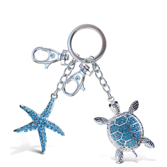 Puzzled Blue Sea Turtle and Turquoise Starfish Sparkling Charm Elegant Keychain