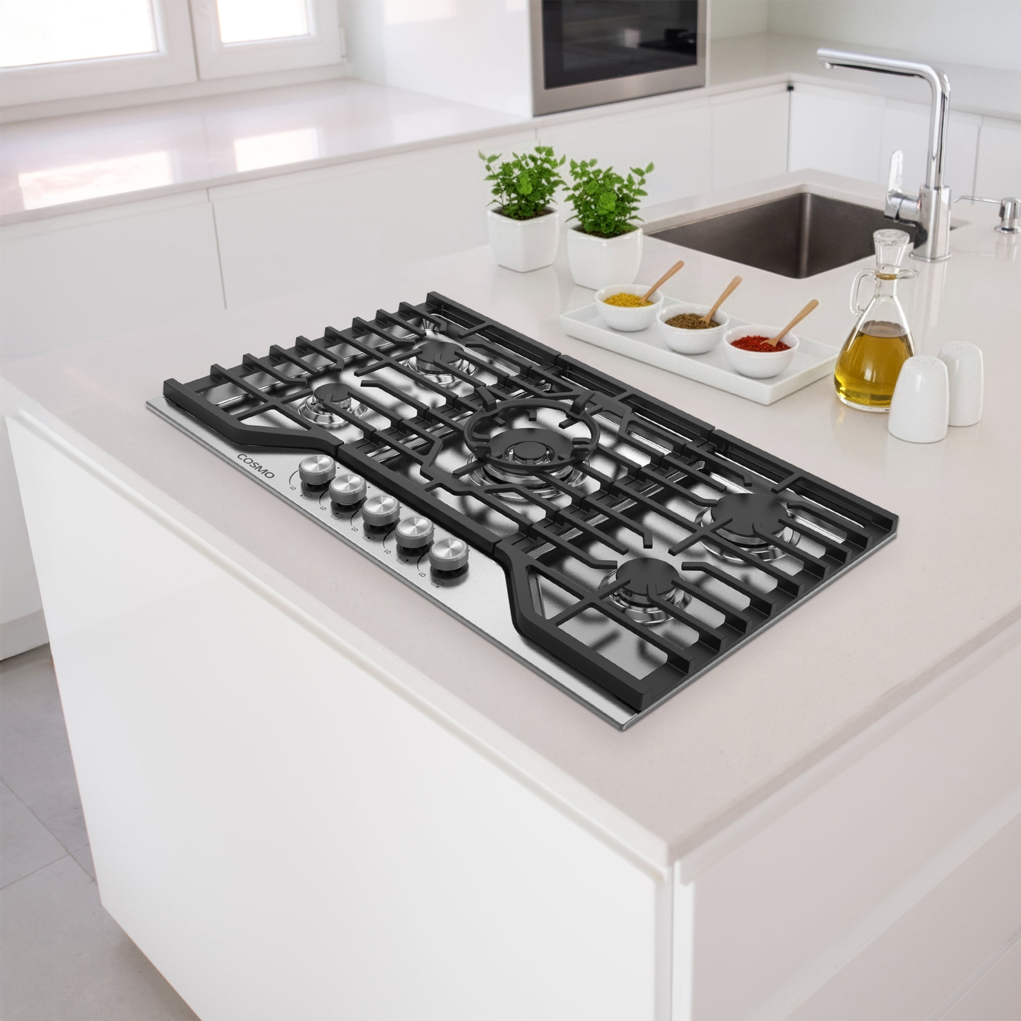 Cosmo 36 in. Vista Collection Drop-in Gas Cooktop with 5 Burners, Metal Knobs in Stainless Steel